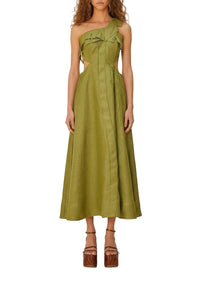 Robe midi Palm Tree Cutwork en lin - Vert