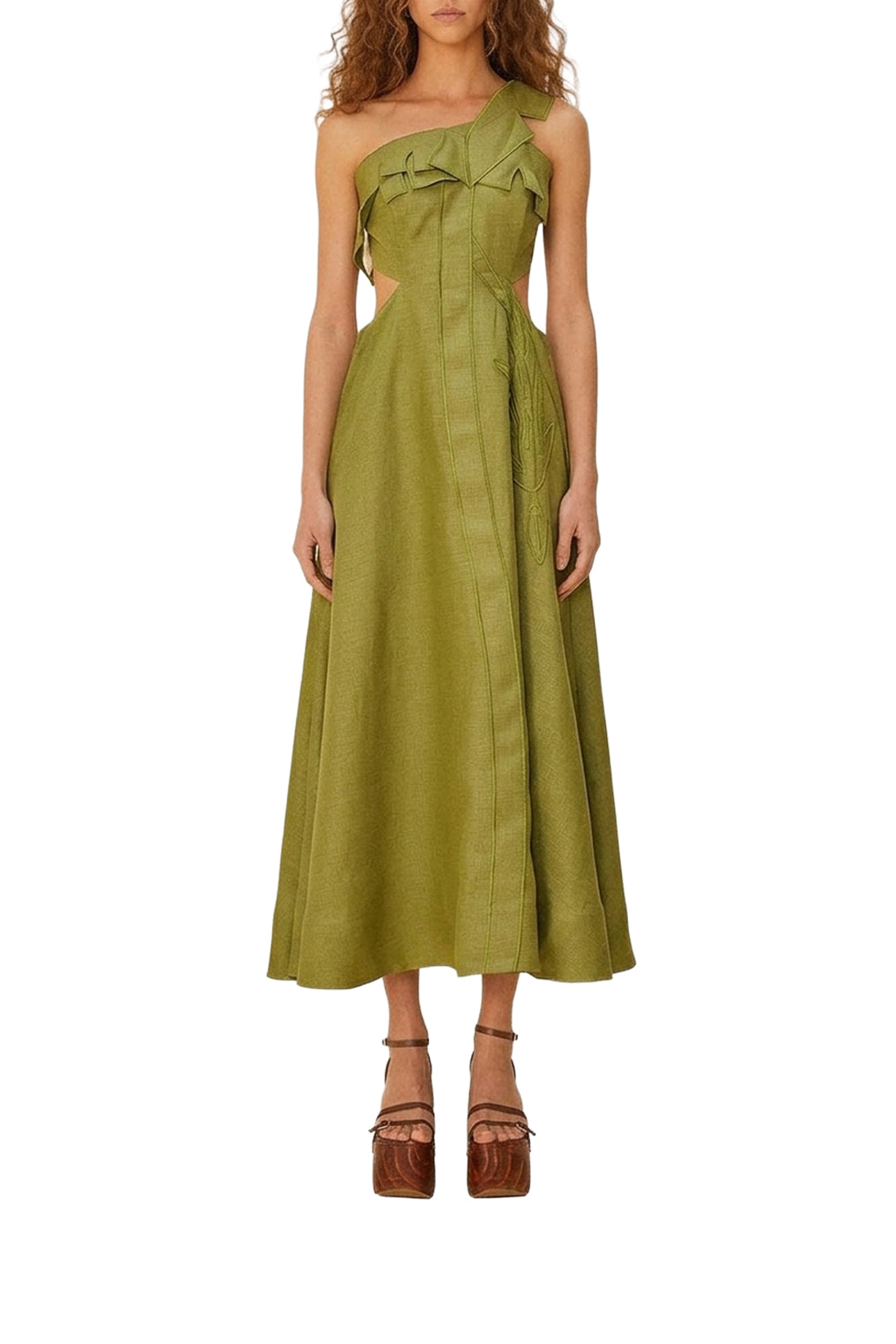 Robe midi Palm Tree Cutwork en lin - Vert