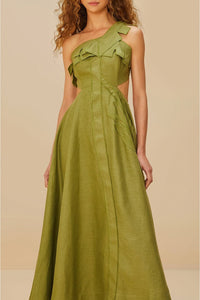 Robe midi Palm Tree Cutwork en lin - Vert