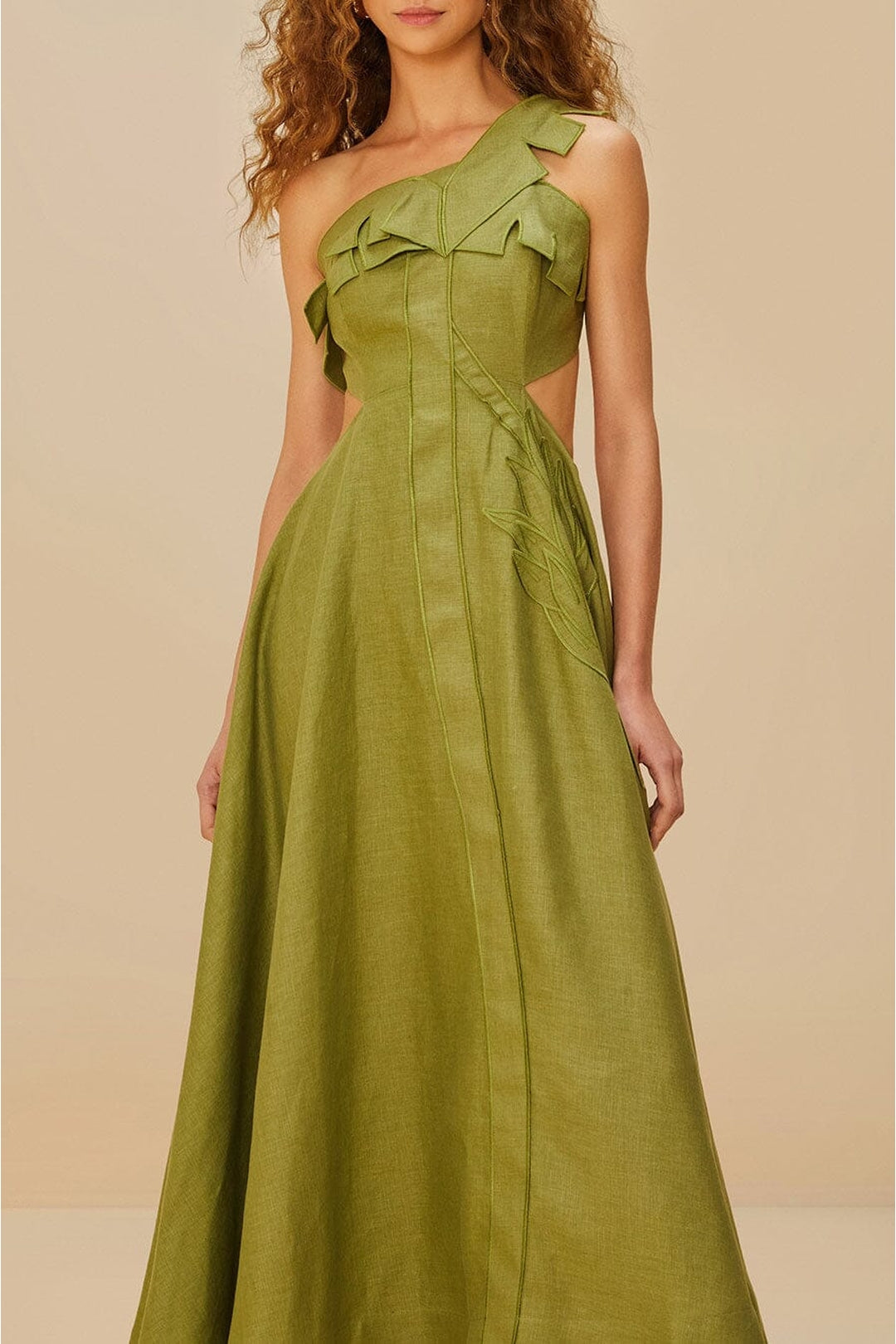 Robe midi Palm Tree Cutwork en lin - Vert