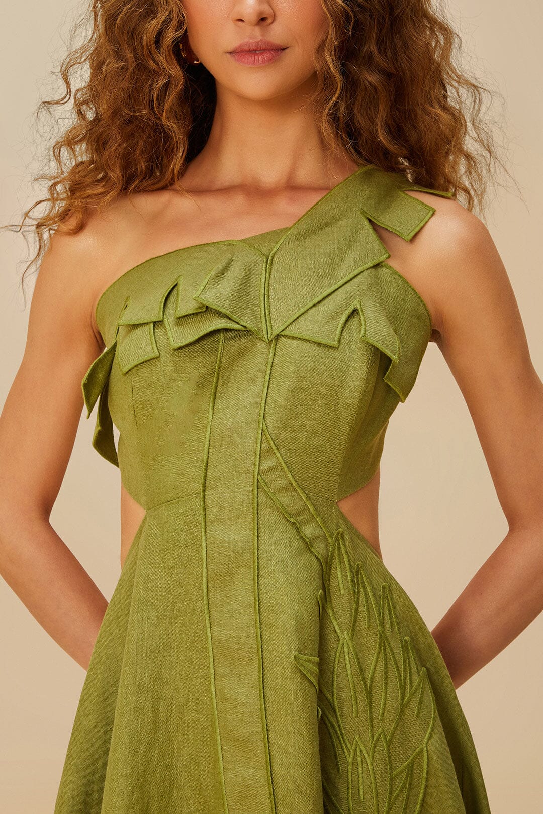 Robe midi Palm Tree Cutwork en lin - Vert