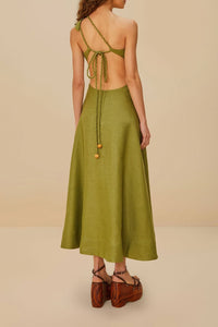 Robe midi Palm Tree Cutwork en lin - Vert