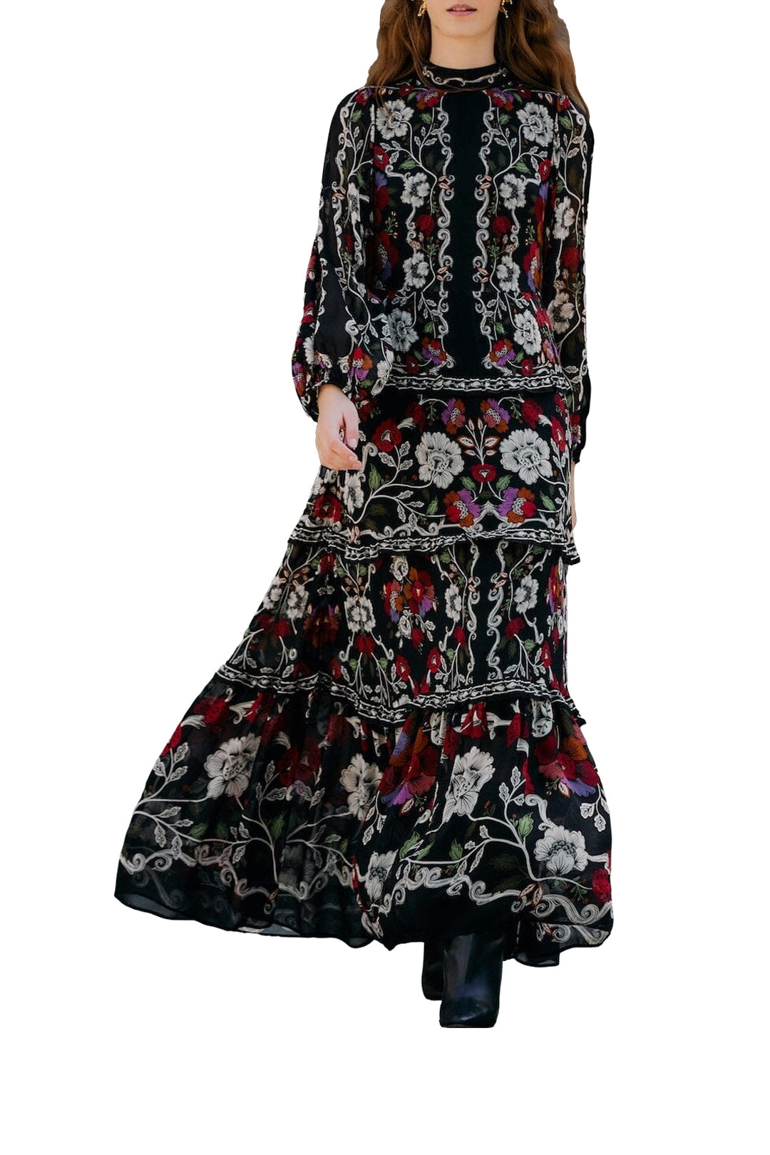 NEW_DIFFUSELY_Rococo Flowers Black Robe longue - Rococo Flowers Black