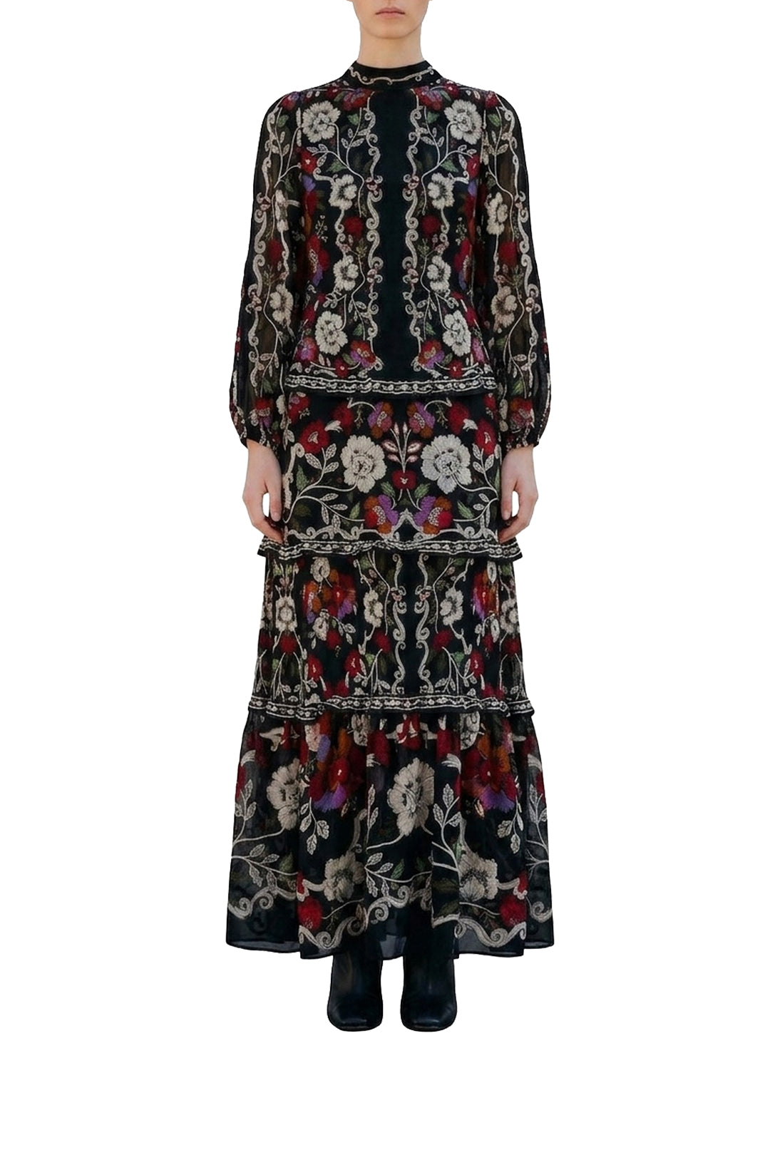 Robe longue Rococo Flowers - Noir