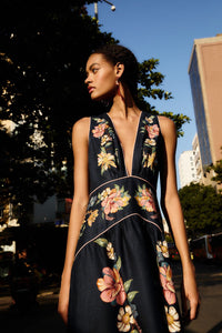 Maira Floral Dark Blue Robe midi - Maira Floral Dark Blue