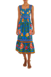 Robe midi Rococo Flowers - Bleu