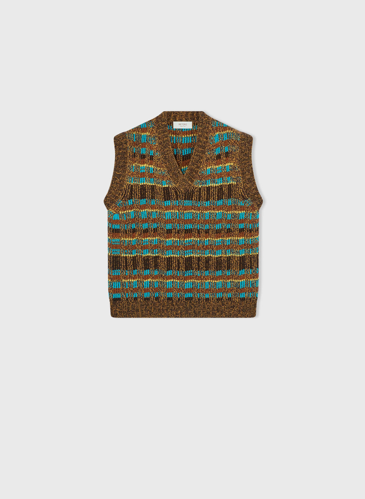 CHOCOLATE AND TURQUOISE JACQUARD WEAVED VNECK VEST
