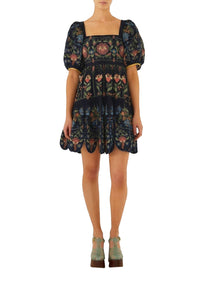 Robe courte Stitched Garden en lin - Bleu