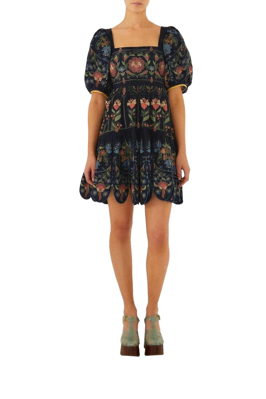 Robe courte Stitched Garden en lin - Bleu