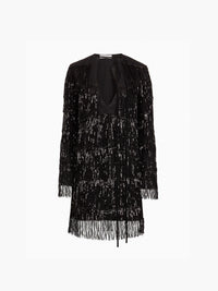 ROBE LONGUE À COL OUVERT ET MANCHES LONGUES EN DENTELLE ET SATIN