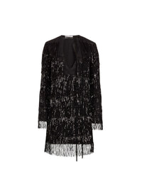 ROBE LONGUE À COL OUVERT ET MANCHES LONGUES EN DENTELLE ET SATIN - Noir