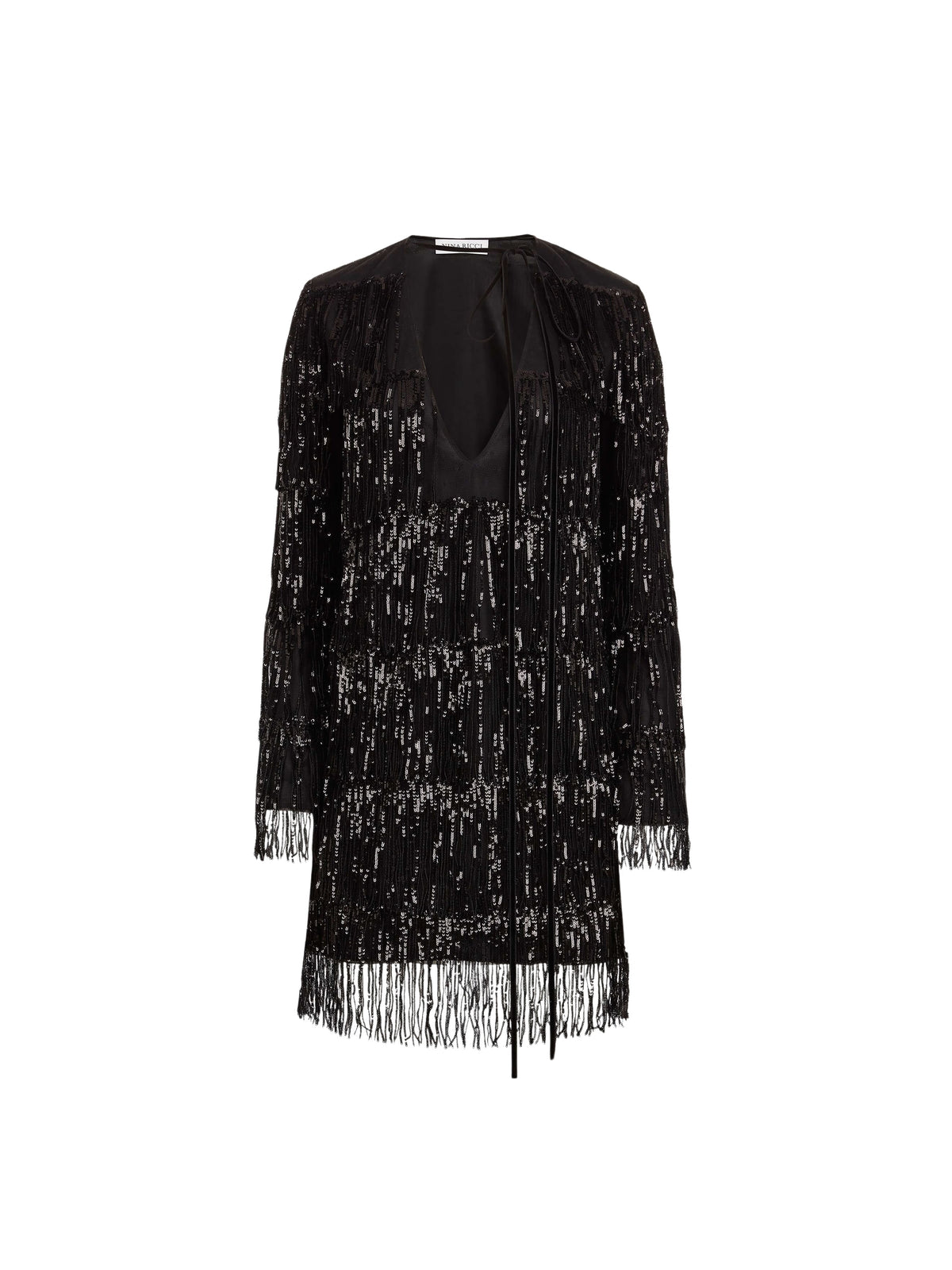 ROBE LONGUE À COL OUVERT ET MANCHES LONGUES EN DENTELLE ET SATIN - Noir