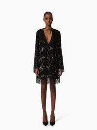 ROBE LONGUE À COL OUVERT ET MANCHES LONGUES EN DENTELLE ET SATIN - Noir