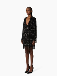 ROBE LONGUE À COL OUVERT ET MANCHES LONGUES EN DENTELLE ET SATIN - Noir