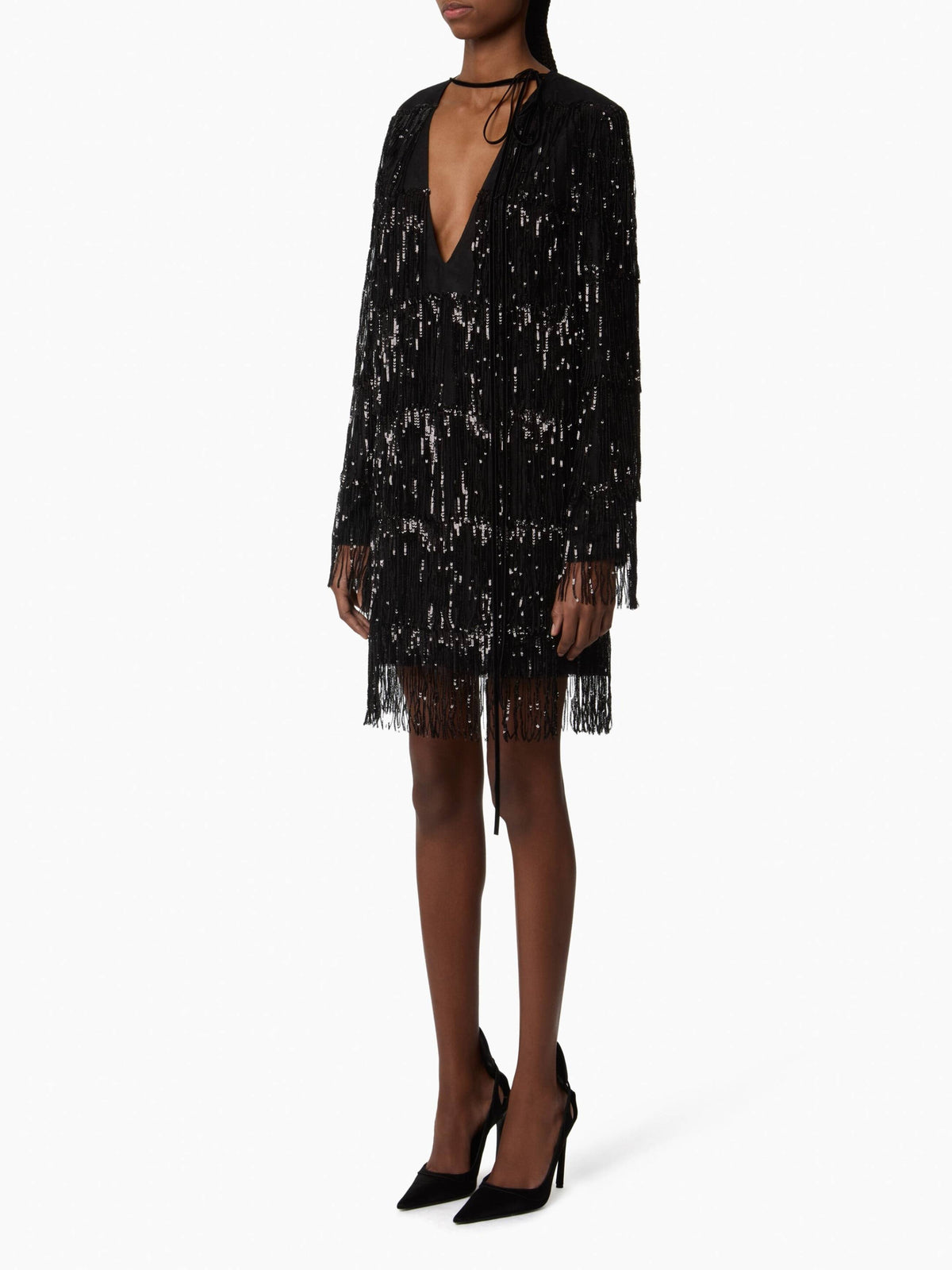 Robe longue à col ouvert et manches longues - Noir