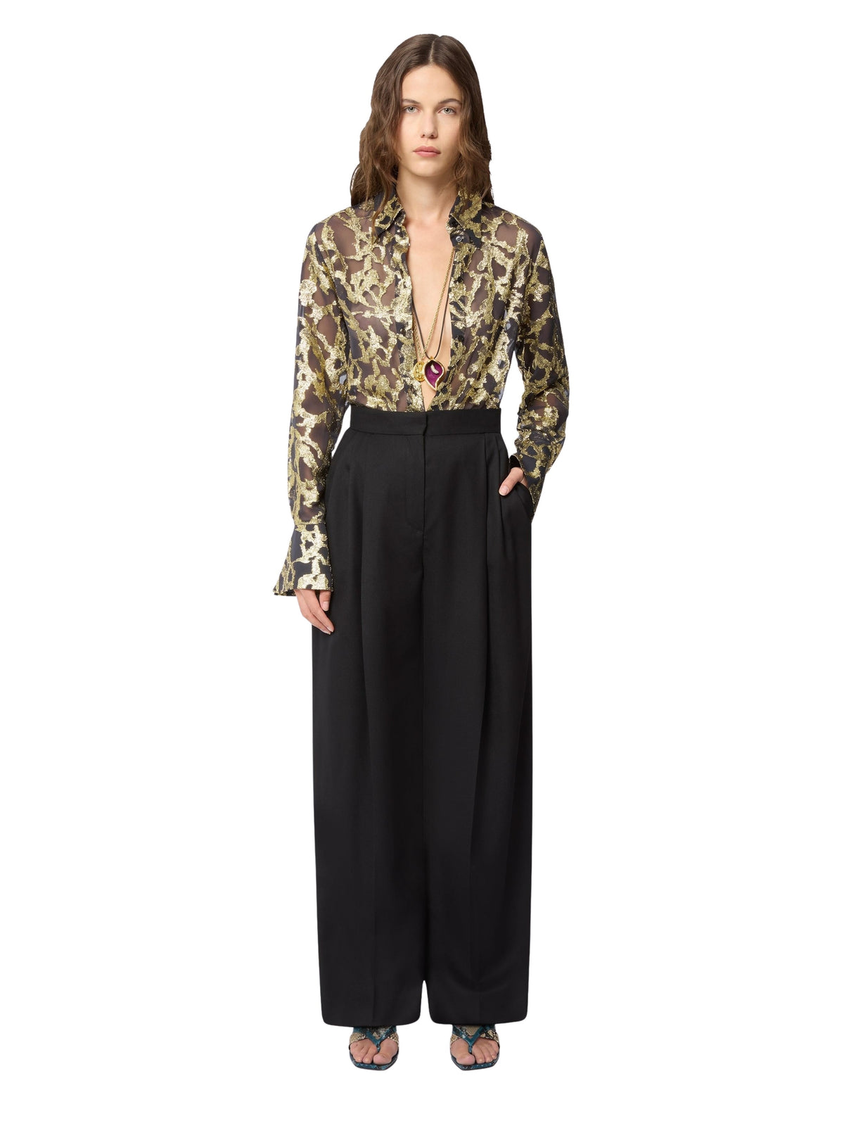 PANTALON LARGE PLISSÉ EN GABARDINE DE LAINE - Noir