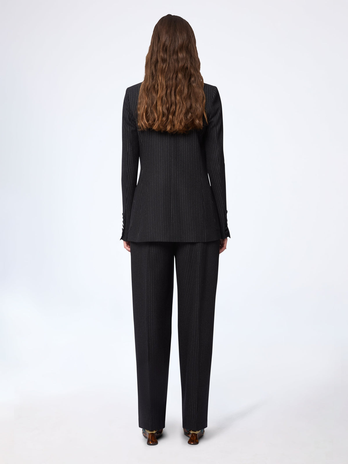 PANTALON EN LAINE À FINES RAYURES ET JAMBES LARGES - Noir