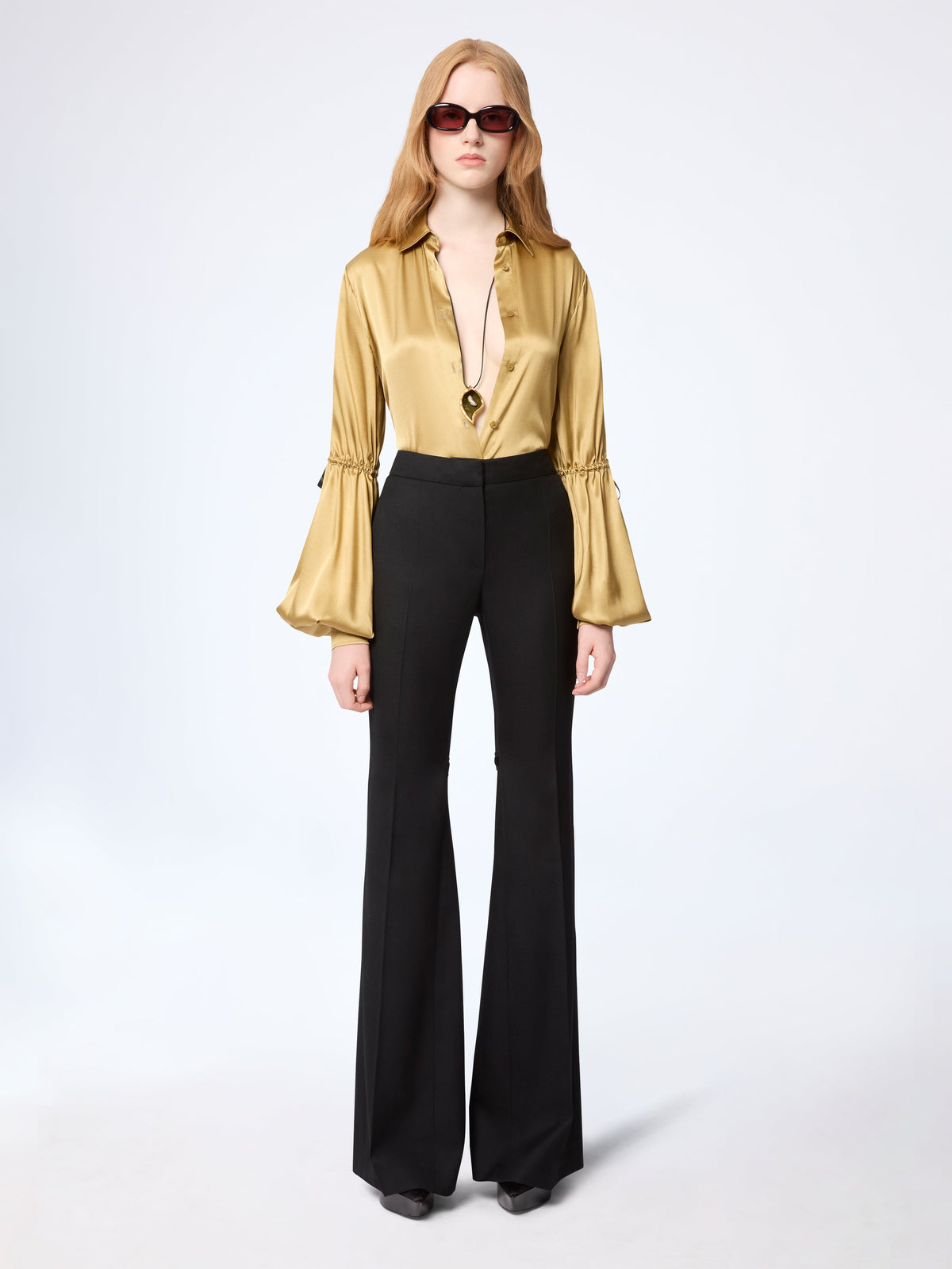 PANTALON ÉVASÉ EN GABARDINE DE LAINE AVEC DÉTAIL NŒUD - Noir