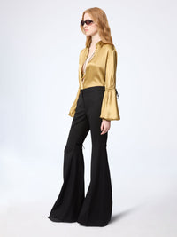 PANTALON ÉVASÉ EN GABARDINE DE LAINE AVEC DÉTAIL NŒUD - Noir