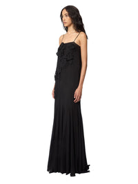ROBE LONGUE EN SOIE NOIRE À FLEURS BRODÉES - Noir