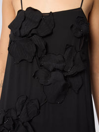 ROBE LONGUE EN SOIE NOIRE À FLEURS BRODÉES - Noir