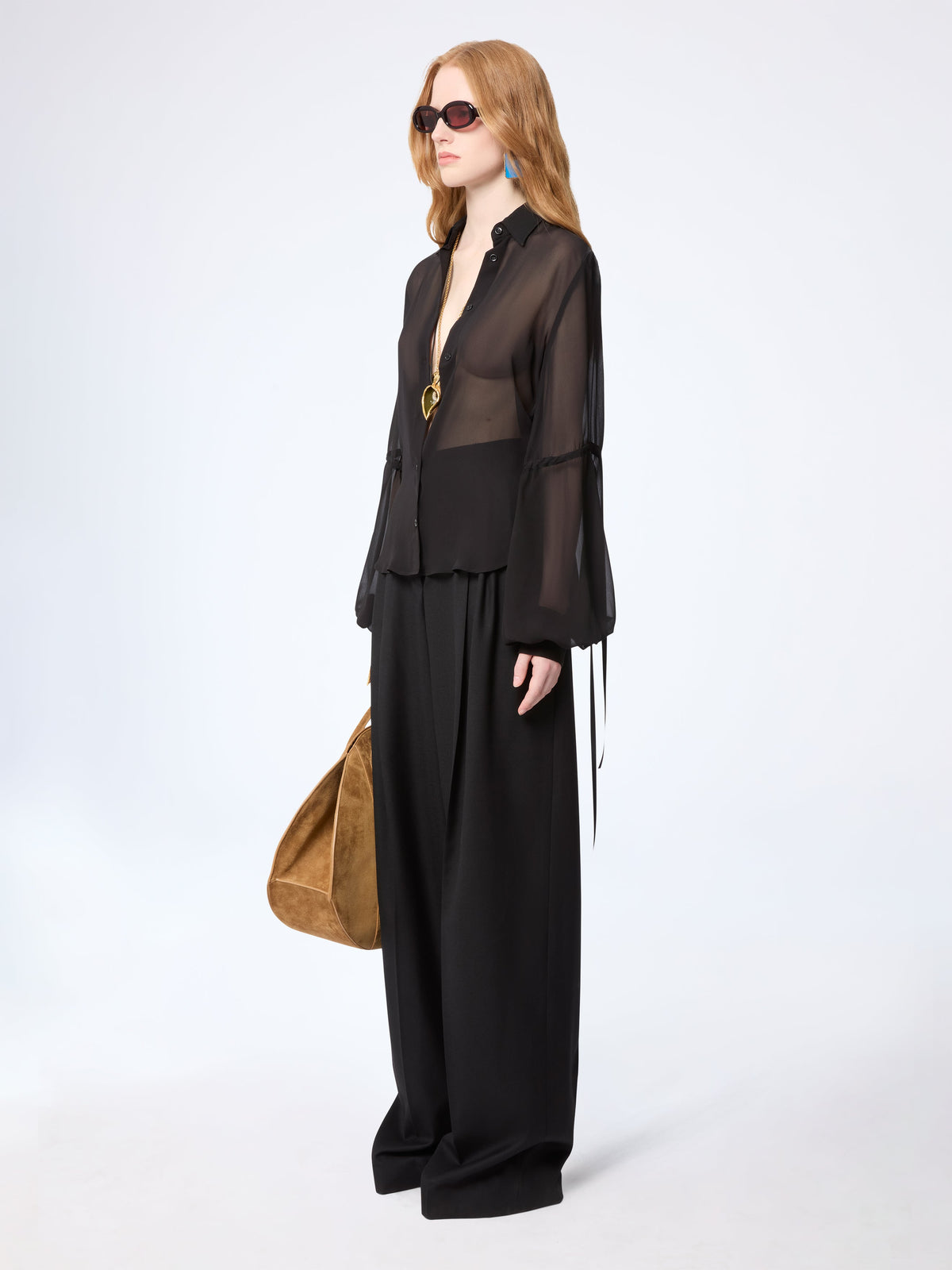 CHEMISE EN SATIN DE SOIE MAUVE AVEC DÉTAILS DE NŒUD - Noir