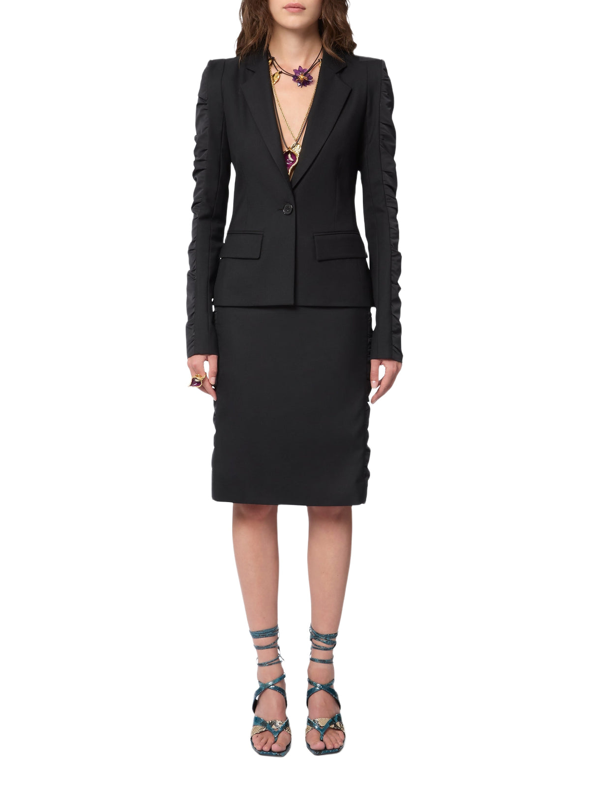 Gathered-sleeve wool blazer - Black