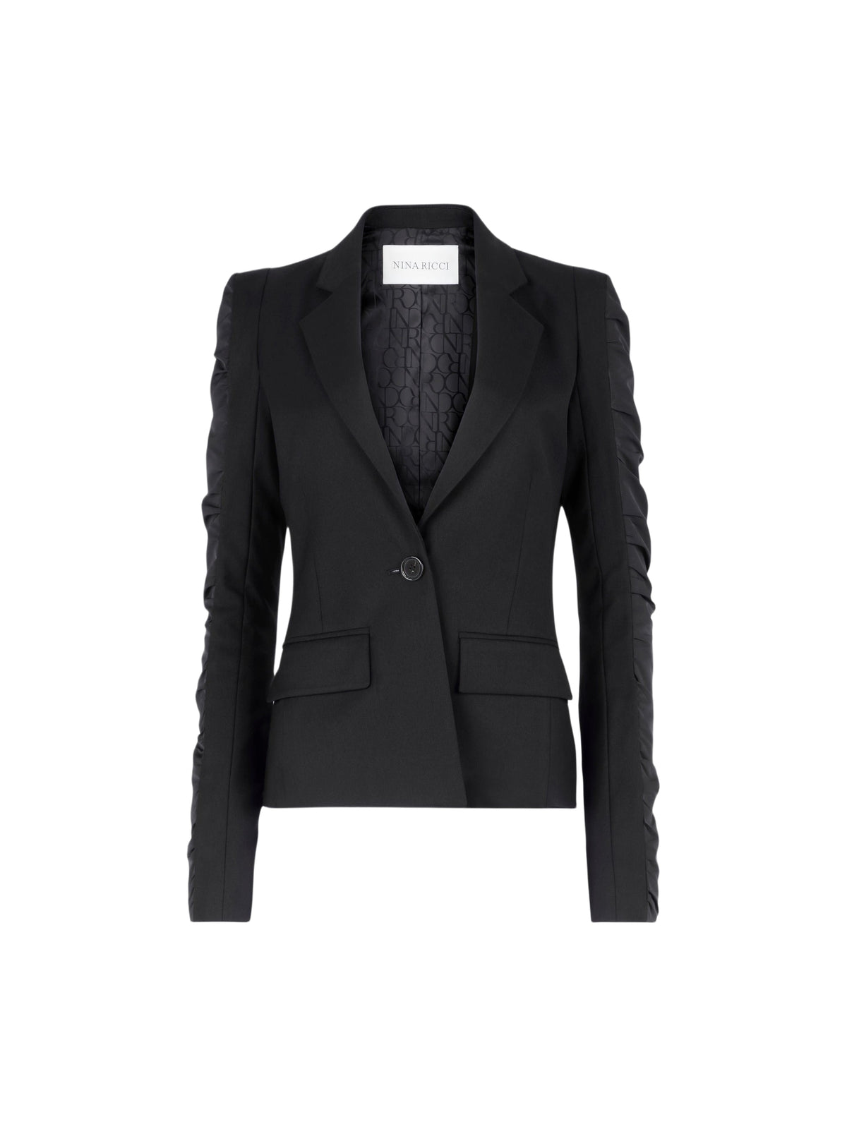 Gathered-sleeve wool blazer - Black