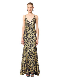 ROBE LONGUE NOIRE EN SOIE BRODÉE DE FLEURS - Marbre Doré