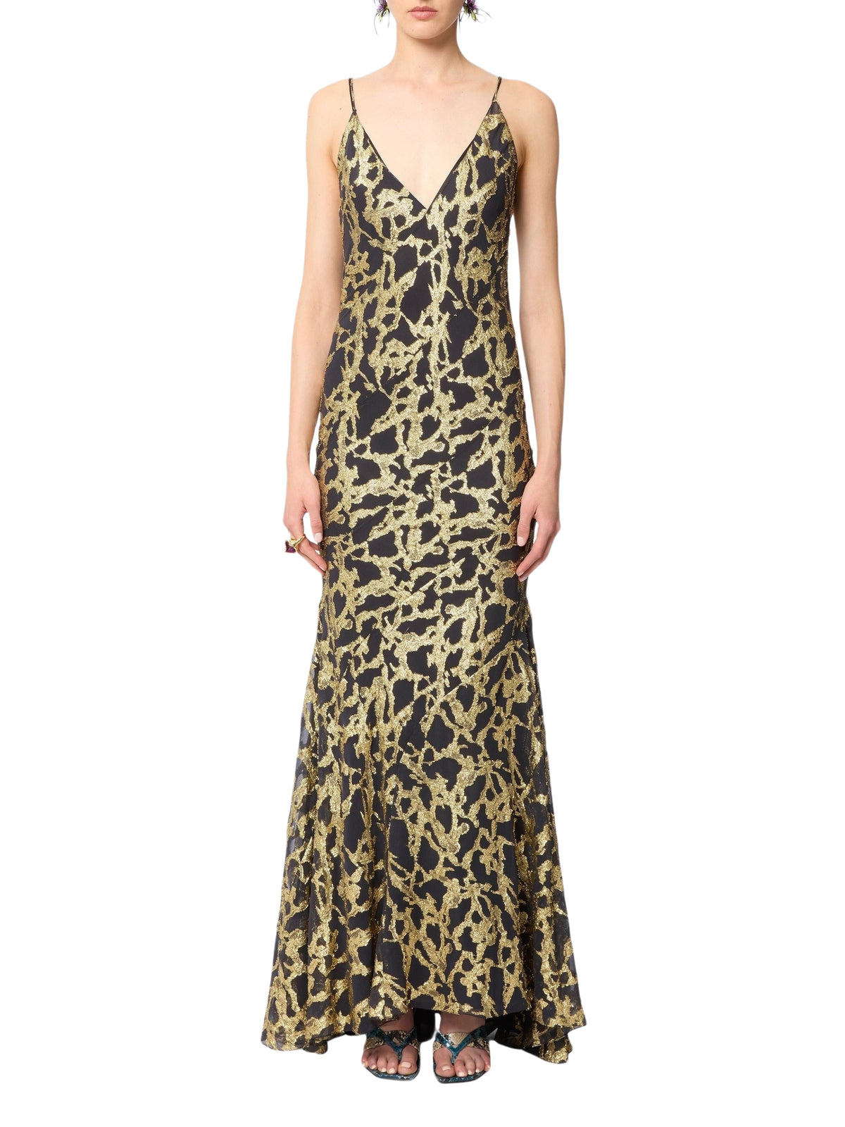 Long silk dress with marbled print - Golden Marble