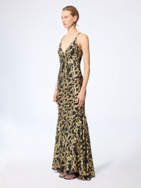 ROBE LONGUE NOIRE EN SOIE BRODÉE DE FLEURS - Marbre Doré