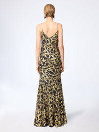 ROBE LONGUE NOIRE EN SOIE BRODÉE DE FLEURS - Marbre Doré
