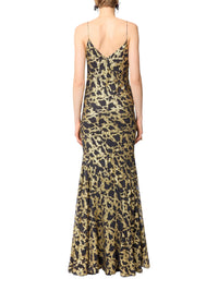 Long silk dress with marbled print - Golden Marble
