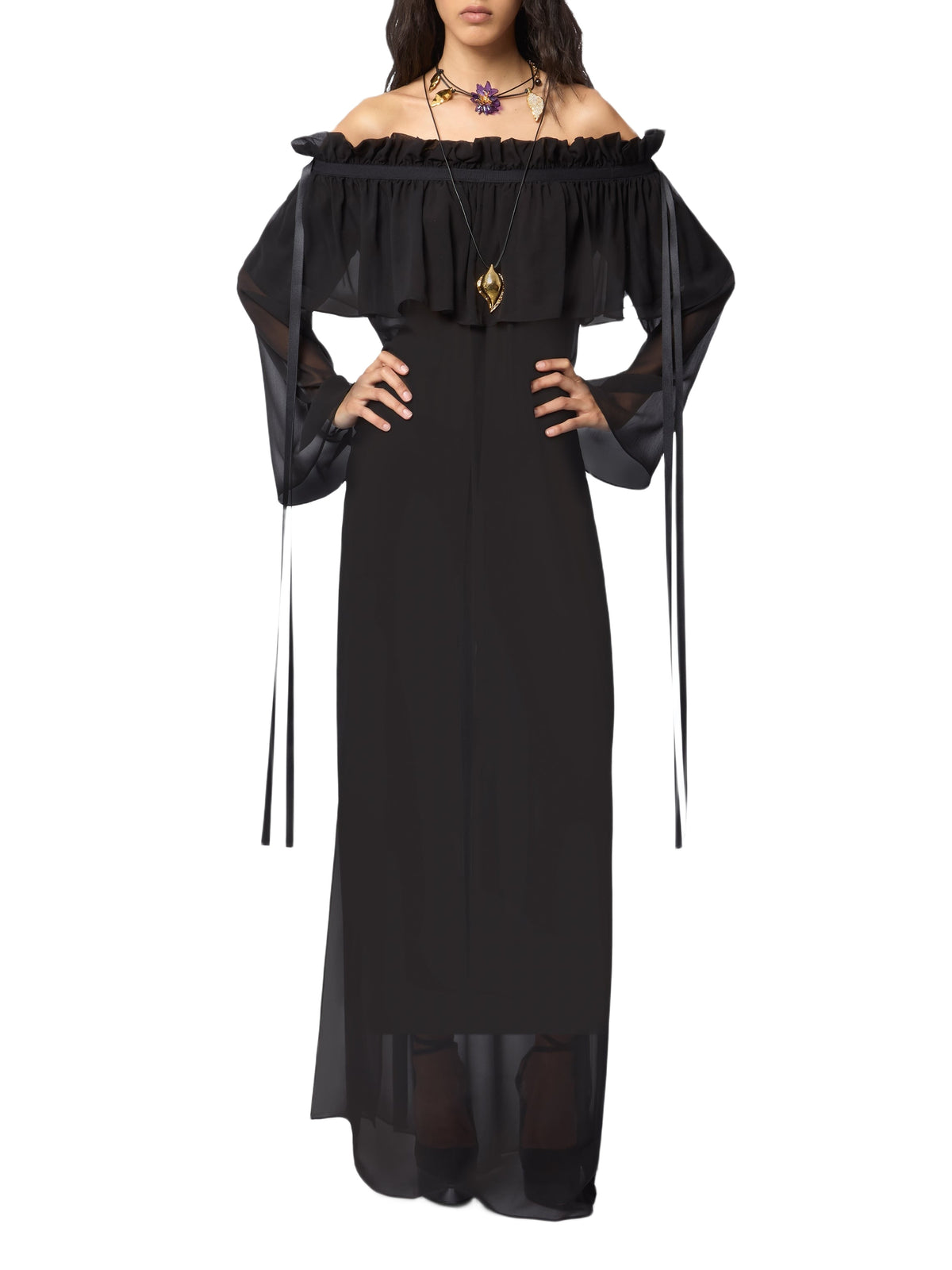 Robe midi péplum en soie - Noir