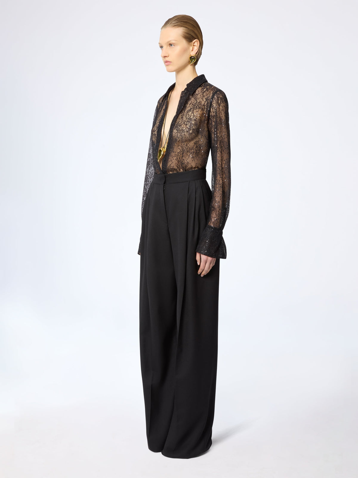 CHEMISE À SEQUINS TRANSPARENTS AVEC POIGNETS ÉVASÉS - Noir