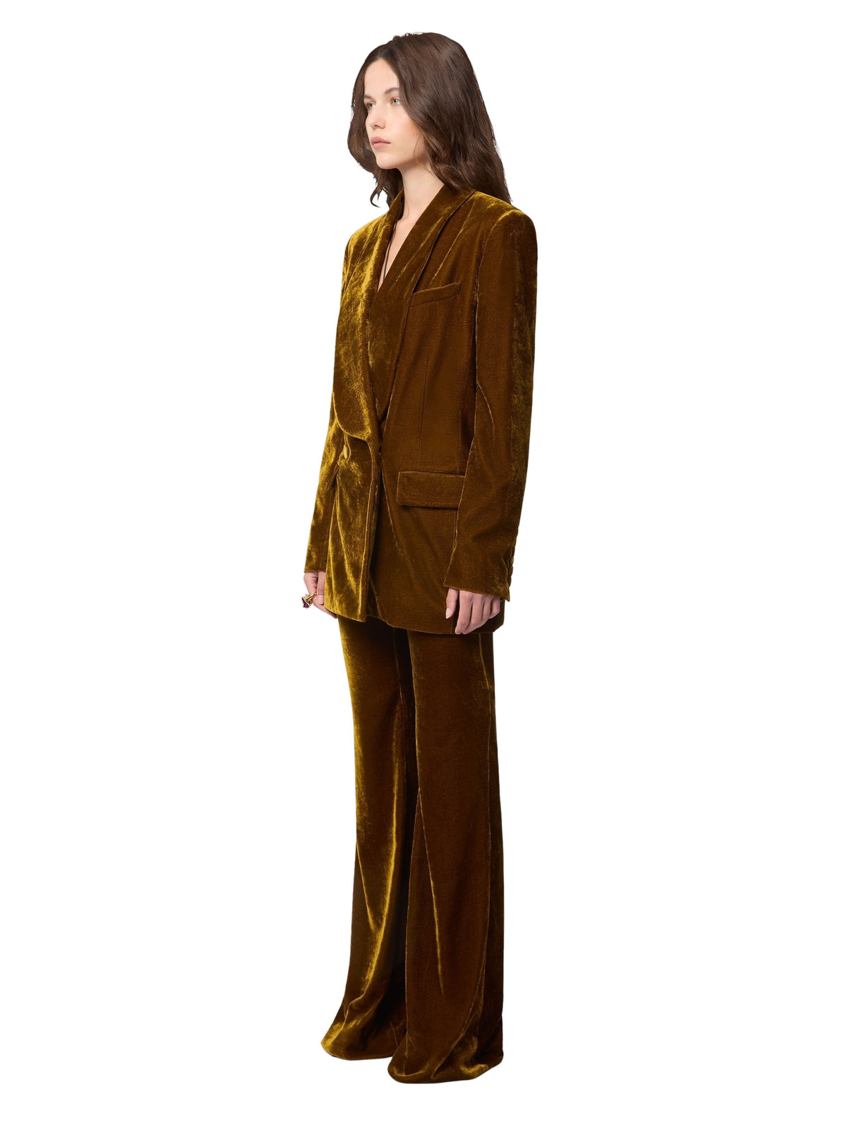 BLAZER EN GABARDINE DE LAINE À MANCHES À VOLANTS - Or