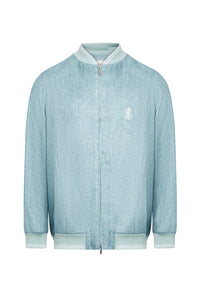Mélange linen bomber jacket with logo - Blue