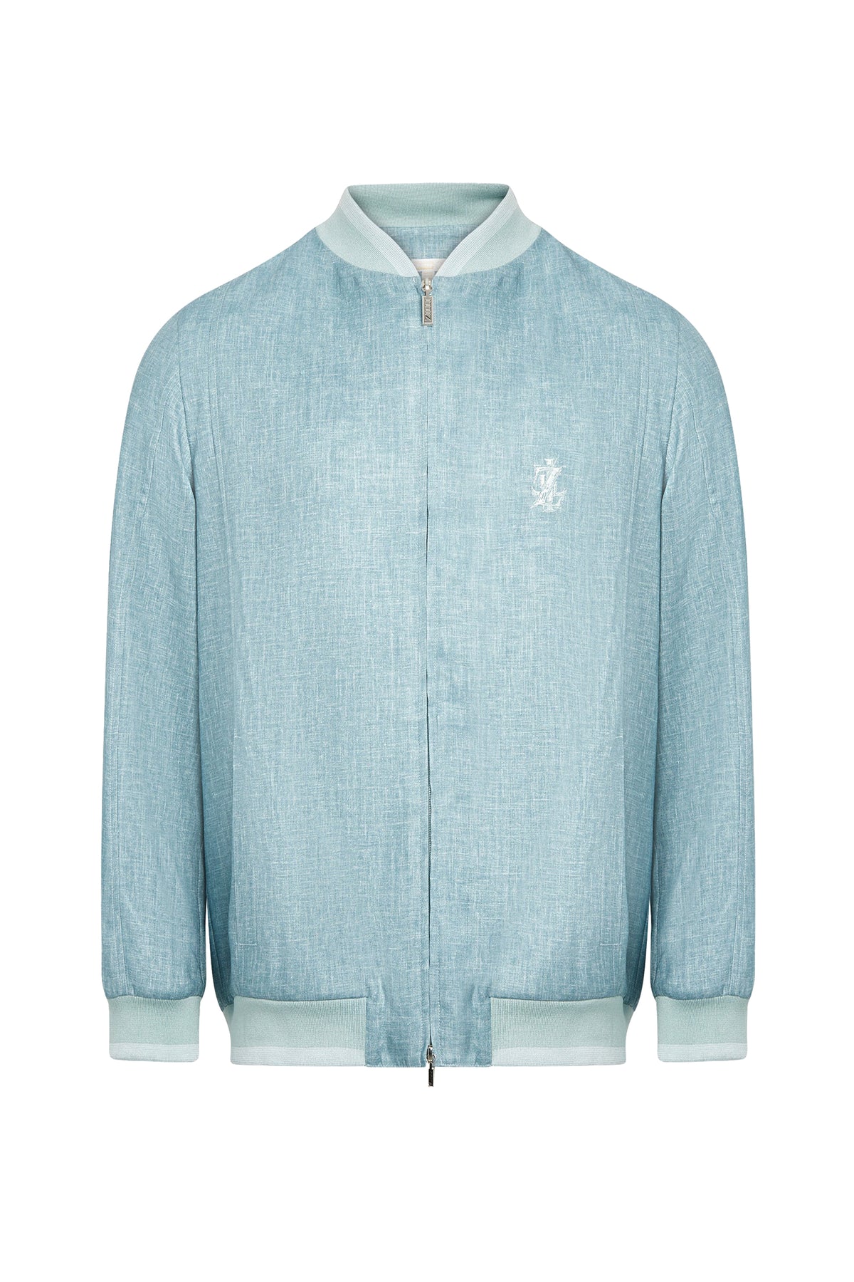 Mélange linen bomber jacket with logo - Blue