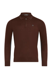 Polo à col zippé et manches longues en laine - Brown