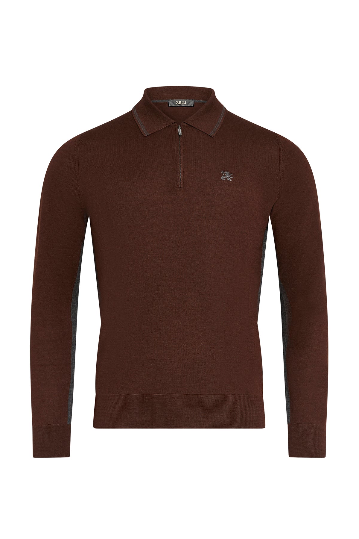 Polo à col zippé et manches longues en laine - Brown