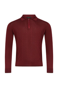 Long-sleeved silk polo shirt with a zipped collar - Ruby