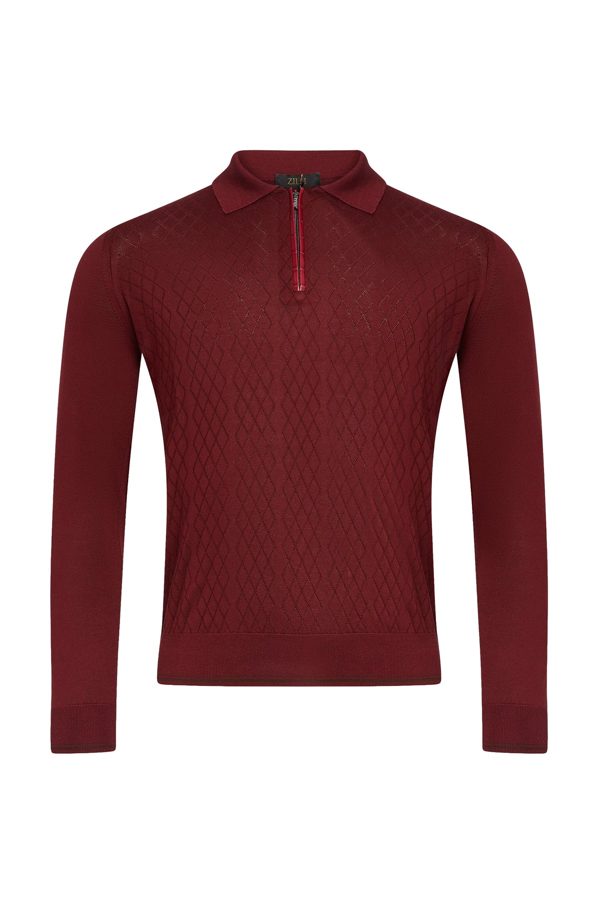 Long-sleeved silk polo shirt with a zipped collar - Ruby