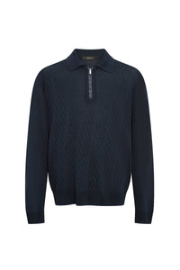 Long-sleeved silk polo shirt with a zipped collar - Dark Navy