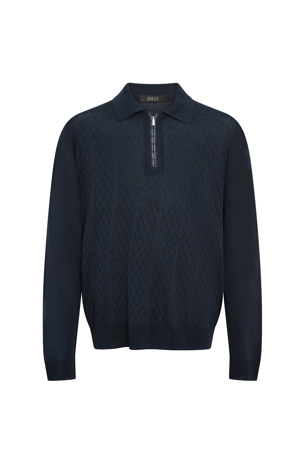 Long-sleeved silk polo shirt with a zipped collar - Dark Navy
