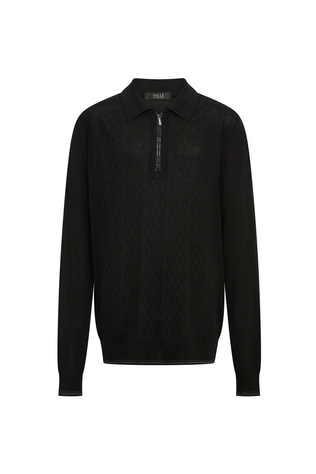 Polo à col zippé et manches longues en soie - Black