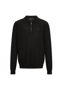 Long-sleeved silk polo shirt with a zipped collar - Black
