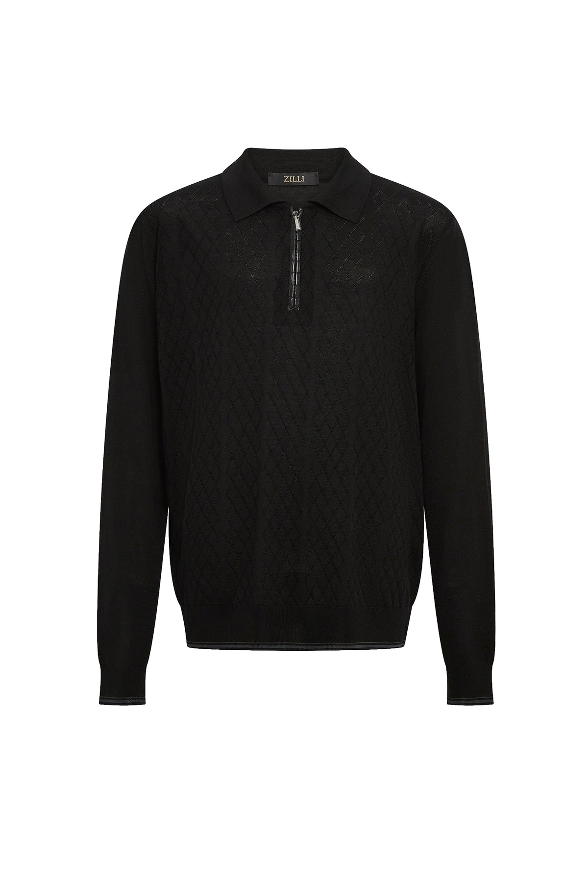 Long-sleeved silk polo shirt with a zipped collar - Black