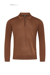 Polo à col zippé et manches longues en laine - Whiskey