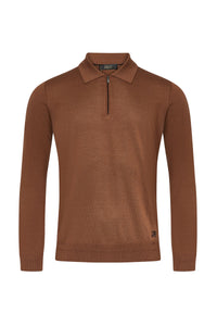 Polo à col zippé et manches longues en laine - Whiskey