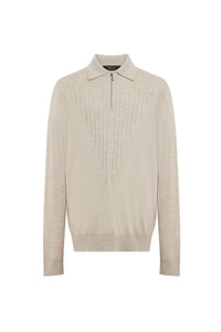 Polo à col zippé et manches longues en laine - Pale Fawn